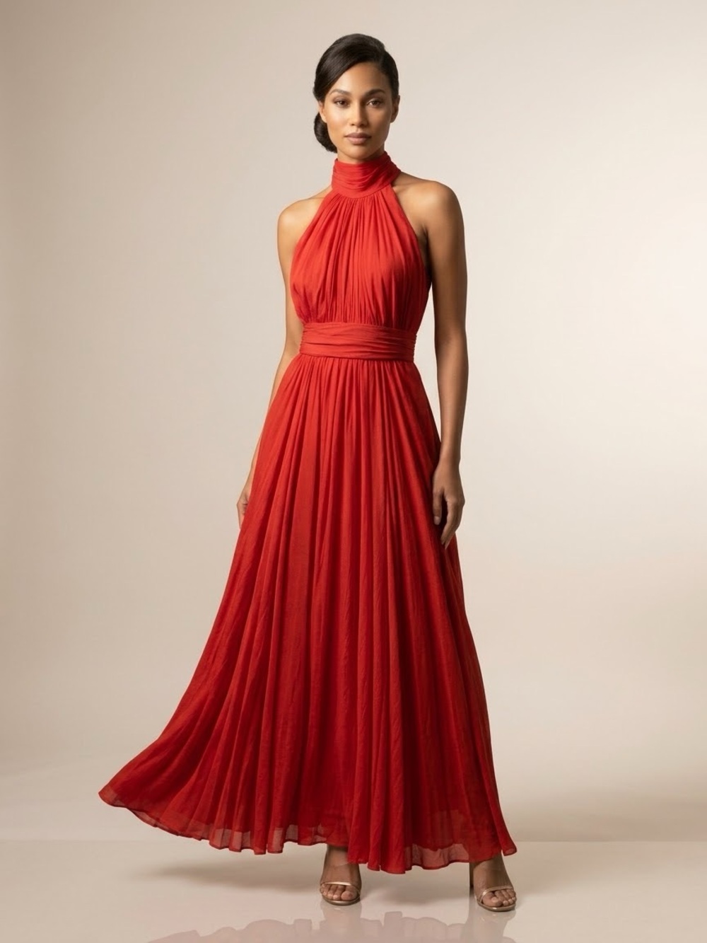 Elegant Badgley Mischka High-Neck HalterRed 100% Silk Halter Evening Gown Size 8